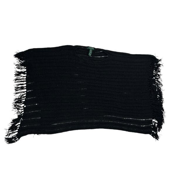 Lauren Ralph Lauren Asymmetrical Black Crochet Knit Tassel Fringe Poncho Shawl - Picture 6 of 10